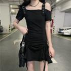 Cold-shoulder Drawstring Ruffle Hem Mini Sheath Dress Black - One Size