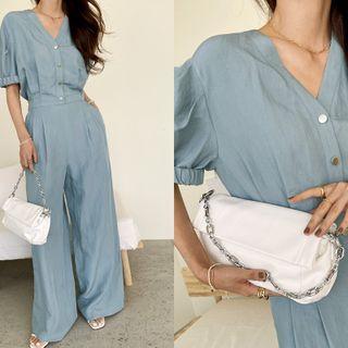 Half-placket Pintuck-front Jumpsuit Sky Blue - One Size