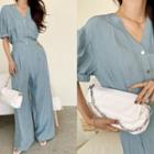 Half-placket Pintuck-front Jumpsuit Sky Blue - One Size