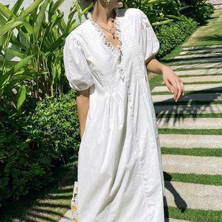 Lace Trim V-neck Puff-sleeve Midi A-line Dress White - One Size