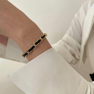 Faux Leather Alloy Bracelet Black & Gold - One Size