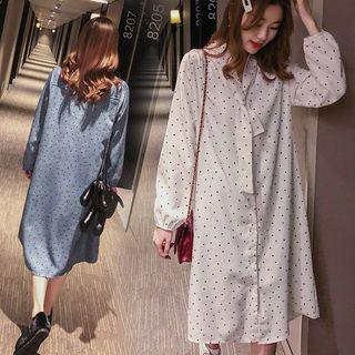 Tie-neck Dotted A-line Shirtdress