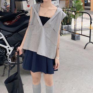 Plain V-neck Loose-fit Hooded Sleeveless Top/ Pleated Skirt