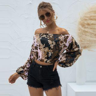 Long-sleeve Off-shoulder Print Crop Top
