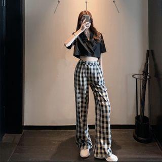 Short-sleeve Double-breasted Shirt / Plaid Wide Leg Pants