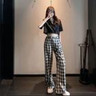 Short-sleeve Double-breasted Shirt / Plaid Wide Leg Pants