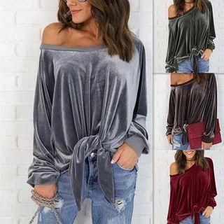 Dolman-sleeve Off-shoulde Long-sleeved Loose-fit Plain Slim T-shirt