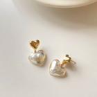 Heart Faux Pearl Alloy Dangle Earring 1 Pair - S925 Silver Needle Earring - Gold - One Size