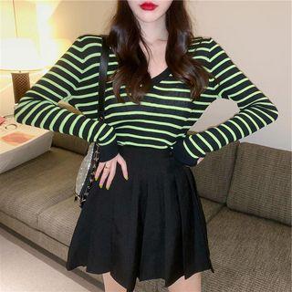 Long-sleeve Striped Knit Top / High-waist Pleated Skirt