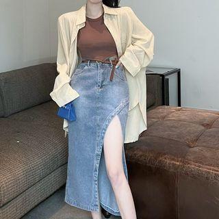 Cropped Tank Top / Denim Slit Midi Skirt / Shirt