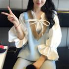 Tie Front Lantern-sleeve Chiffon Blouse / V-neck Sweater Vest