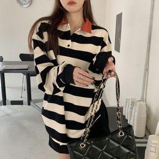 Striped Polo Sweatshirt Sweatshirt - Orange & Black & White - One Size