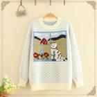 Round-neck Cat Printed Knitted Sweater