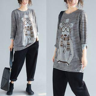 Cartoon Print Striped Long-sleeve T-shirt Stripe - Animal - One Size