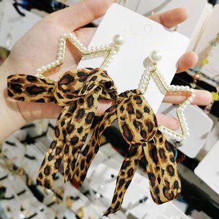 Leopard Print Bow Faux Pearl Star Dangle Earring 1 Pair - As Shown In Figure - One Size