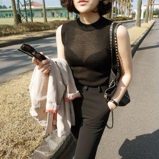 Mock Neck Plain Knit Tank Top Black - One Size