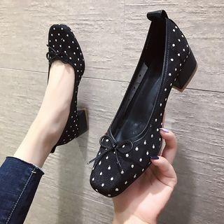 Square Toe Dotted Mesh Block Heel Pumps