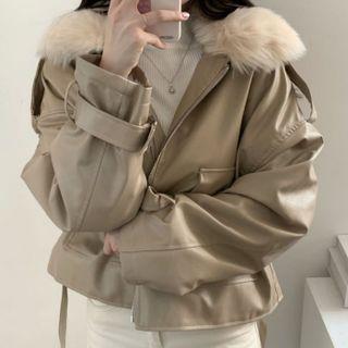 Shearling-collar Zip Faux Leather Jacket