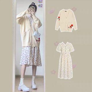 Jacquard Cardigan / Short-sleeve Floral Dress / Set