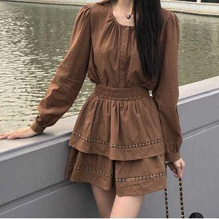 Set: Long Sleeve Round Neck Buttoned Top + Skirt