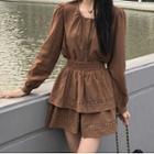 Set: Long Sleeve Round Neck Buttoned Top + Skirt