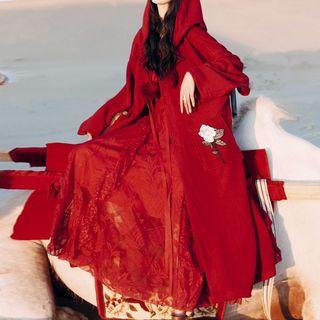 Pompom Flower Embroidered Plain Hooded Cape