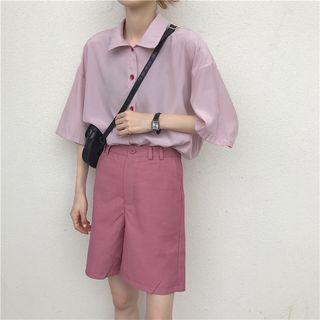 Plain Elbow-sleeve Shirt / Wide-leg Dress Shorts