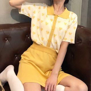 Short-sleeve Printed Knit Polo Shirt / Mini A-line Skirt