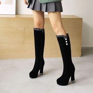 Faux Peal Platform Block Heel Over-the-knee Boots