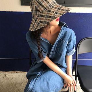 Elbow-sleeve Denim Midi Shirt Dress Denim Blue - One Size