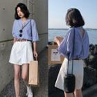 Set: Elbow-sleeve Striped Stand Collar Shirt + Wide-leg Shorts