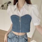 Mock Two-piece Short-sleeve Zip Crop Shirt