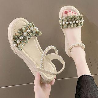 Platform Faux Pearl Ankle Strap Sandals