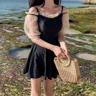 Mesh-sleeve Cold Shoulder Swimdress