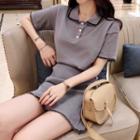 Short-sleeve Frill Trim Knit Polo Shirt + High-waist Frill Trim Skirt