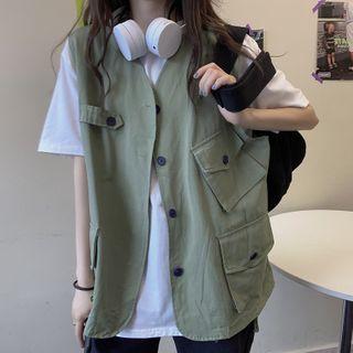 Short Sleeve Plain T-shirt / Buttoned Vest