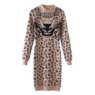 Long-sleeve Leopard Jacquard Knit Bodycon Dress