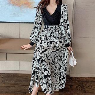 V-neck Floral Panel Midi A-line Dress