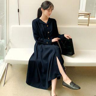 Open-placket Pleated Long Dress