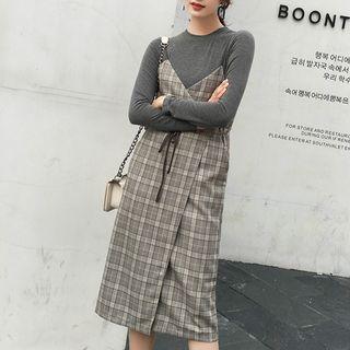 Set: Long-sleeve T-shirt + Plaid V-neck Pinafore Dress