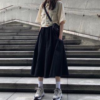 Elbow-sleeve Stripe Shirt / Midi A-line Skirt