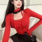 Long-sleeve Choker Ruffle Top