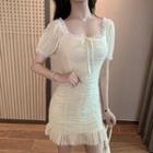 Lace-trim Ruched Mini Dress