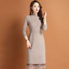 Long-sleeve Knit Lace Trim Sheath Dress