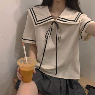 Striped Sailor Collar Short-sleeve Top As Shown In Figure - One Size