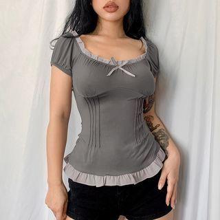 Short Sleeve Ruffled-trim Bow-detail Crop Top