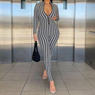 Long-sleeve Houndstooth Skinny Jumpsuit