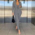 Long-sleeve Houndstooth Skinny Jumpsuit