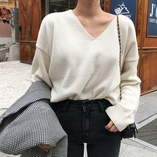 Plunge-neck Wool Blend Knit Top