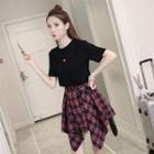 Set: Short-sleeve Heart Embroidered T-shirt + Checker A-line Mini Skirt